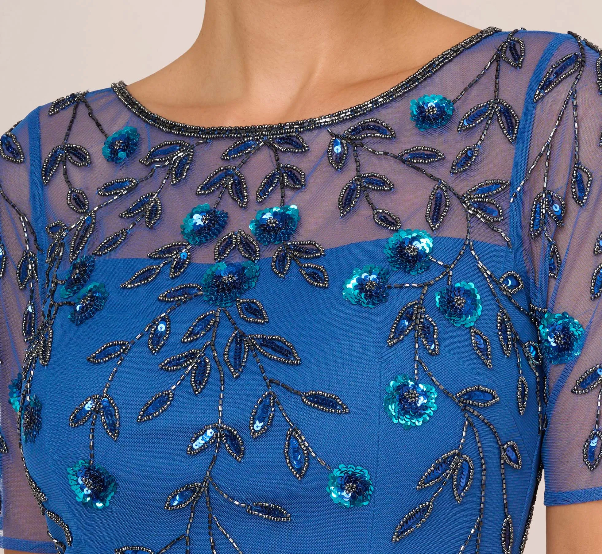 3D Floral Beaded Dress With Sheer Short Sleeves In Blue Horizon