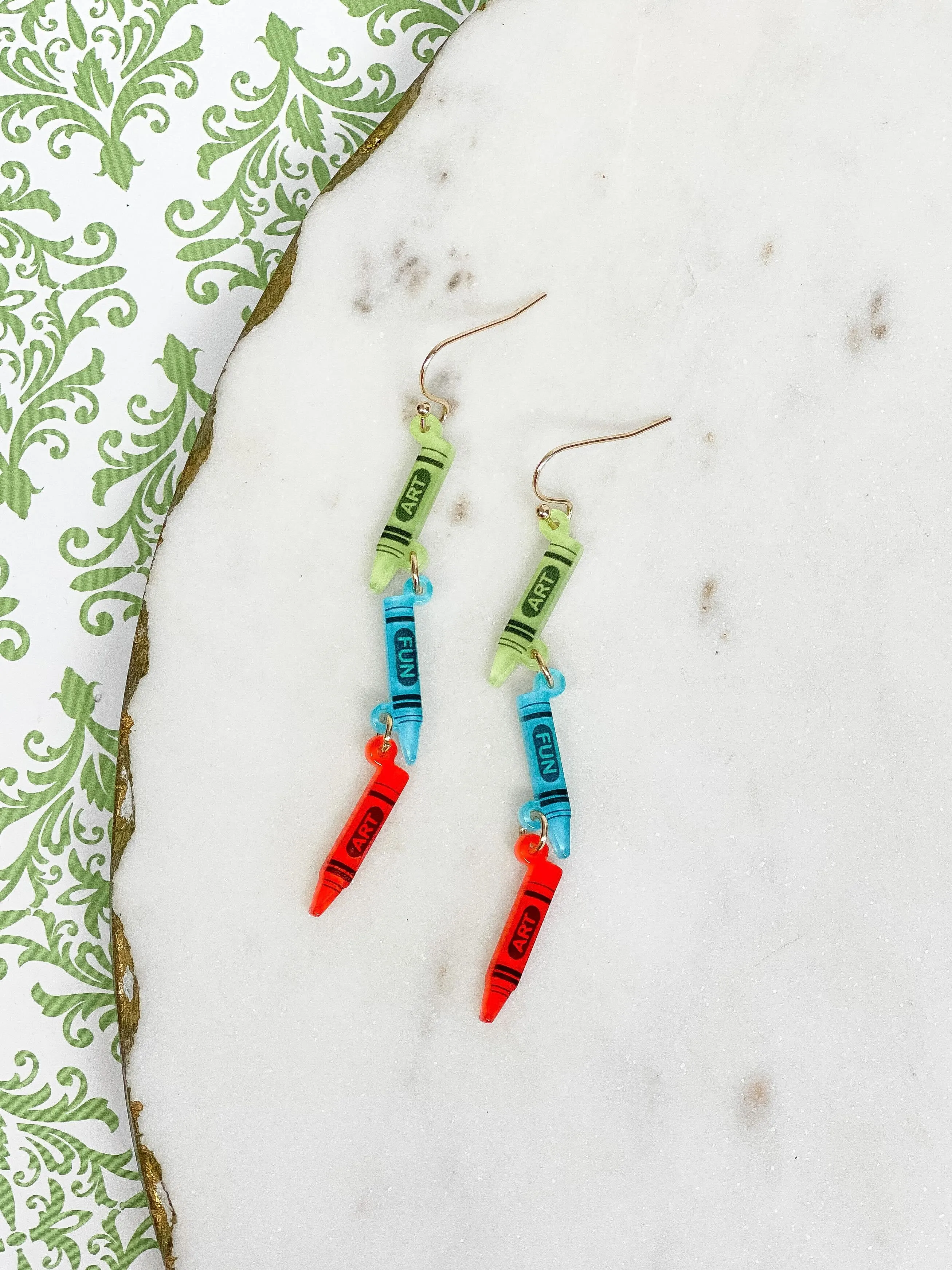 'Art' Acrylic Crayon Dangle Earrings - Blue Multi