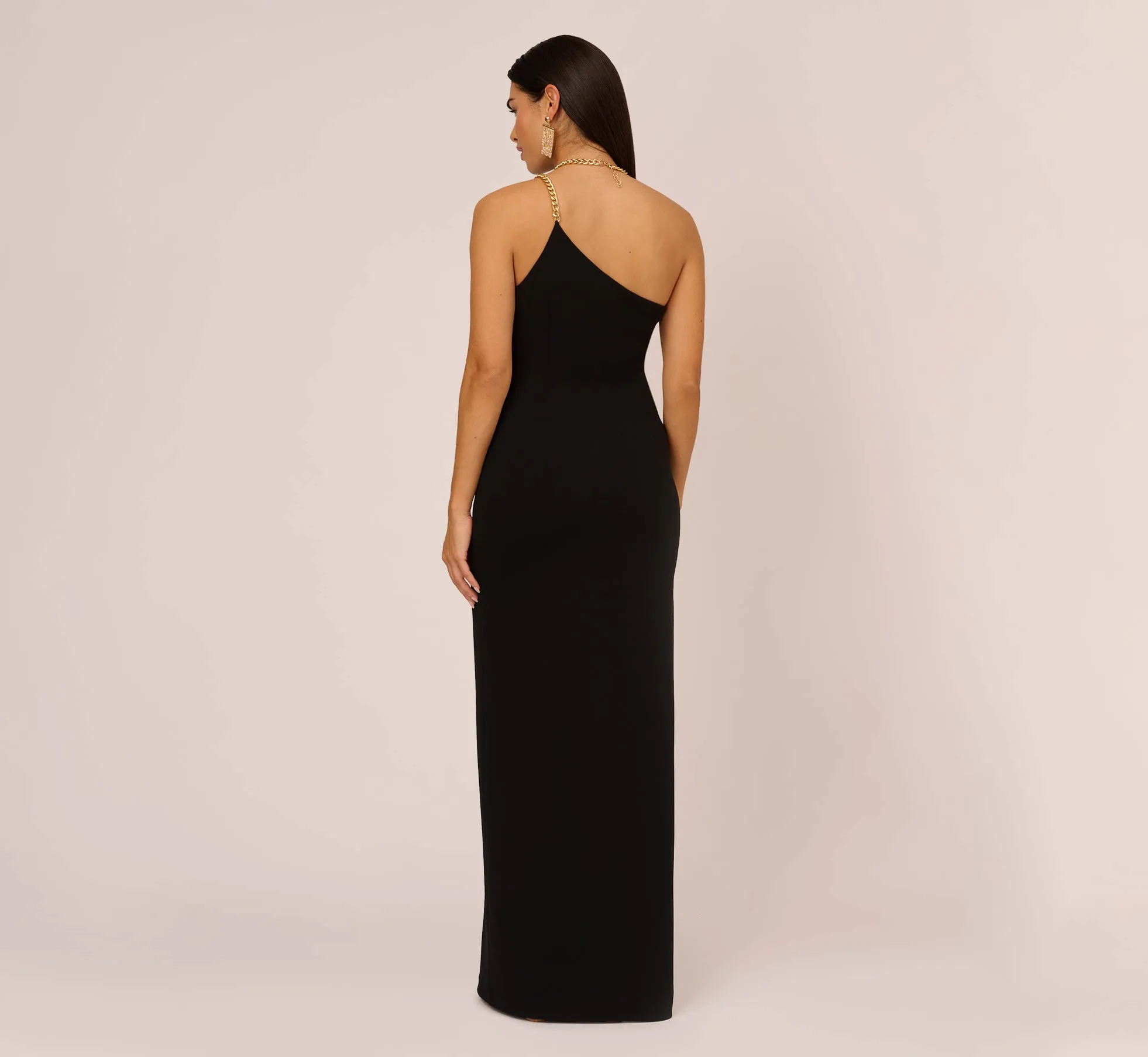 Asymmetrical Crepe Column Gown With Chain Straps In Black