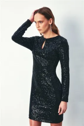 Backless with Bow Ribbon Sequined Long Sleeve Dress - Black