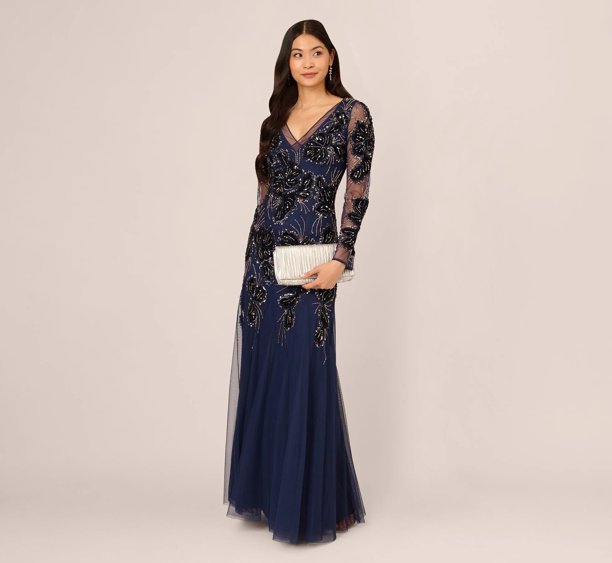 Beaded Long Sleeve Mermaid Gown With Velvet Trim In Light Navy