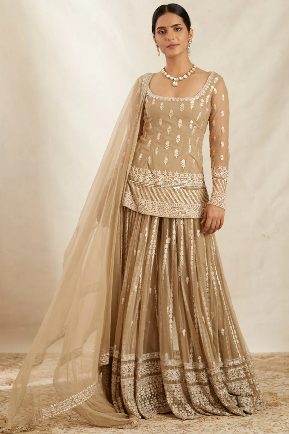 Beige and Cream Short Kurta Sharara