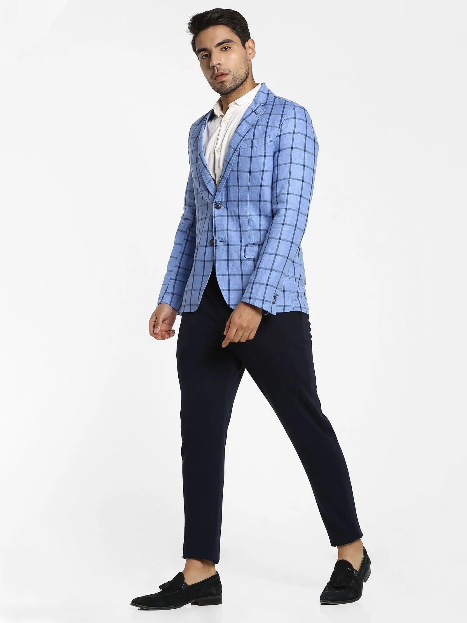 Blue Checked Linen Blazer