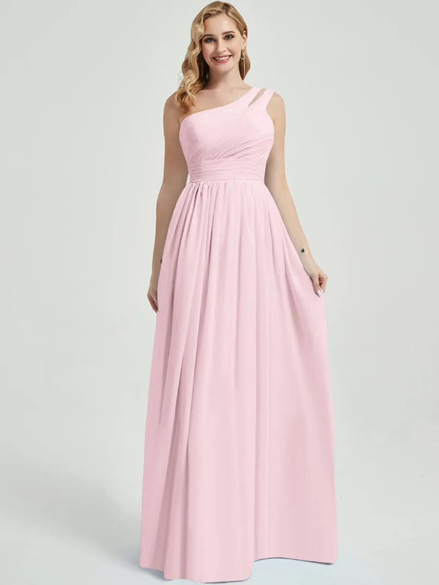 Blush One Shoulder A-Line Floor Length Chiffon Bridesmaid Dresses