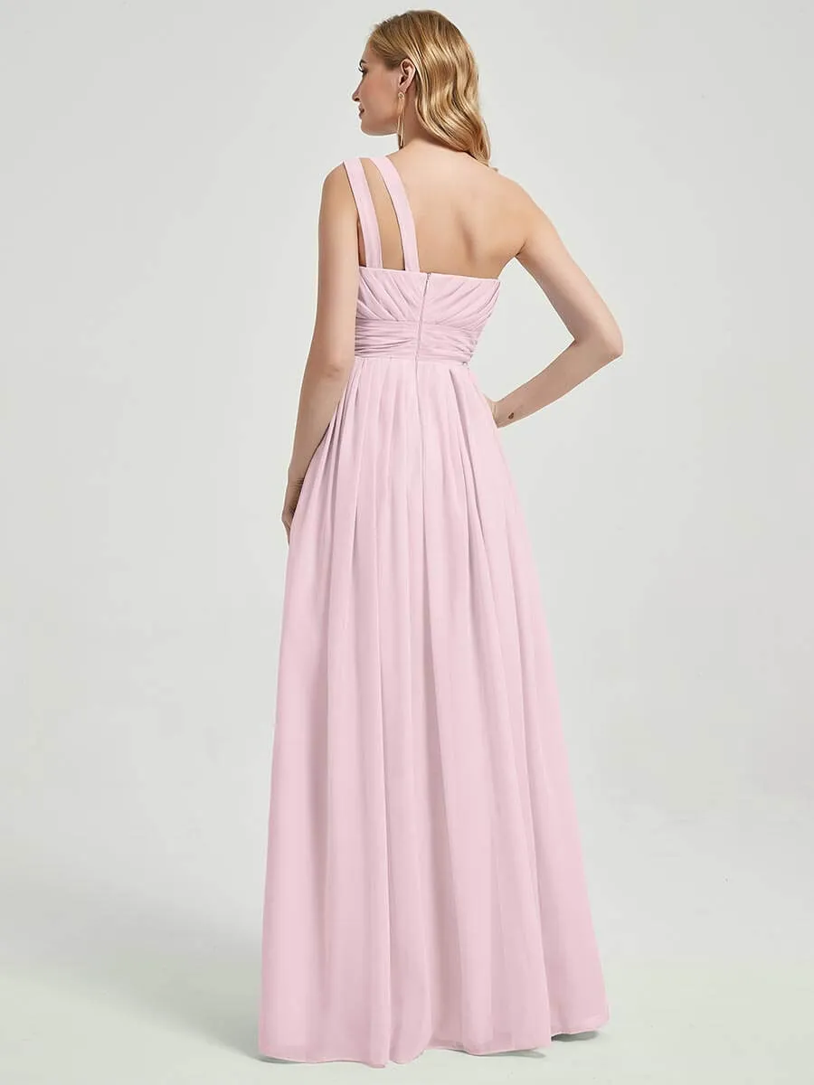 Blush One Shoulder A-Line Floor Length Chiffon Bridesmaid Dresses