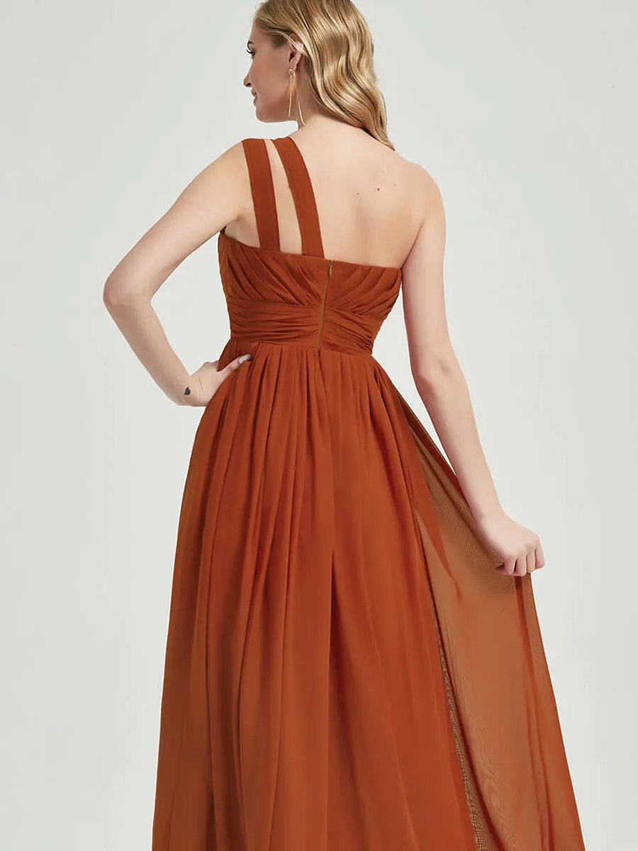 Blush One Shoulder A-Line Floor Length Chiffon Bridesmaid Dresses