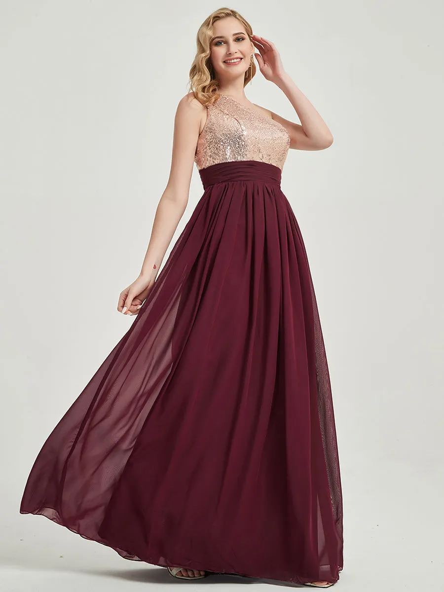 Burnt Orange One-Shoulder Sleeveless Chiffon Sequin Bridesmaid Dress