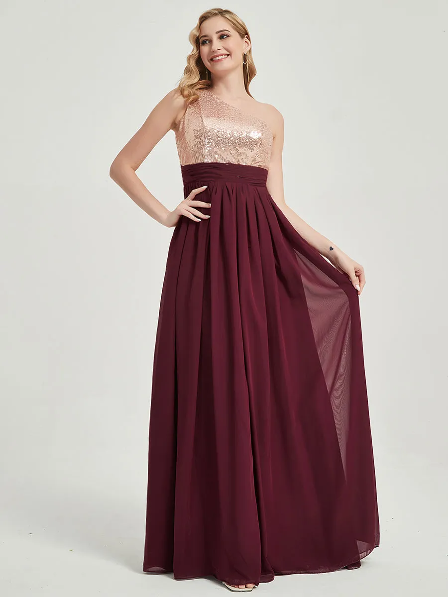 Burnt Orange One-Shoulder Sleeveless Chiffon Sequin Bridesmaid Dress