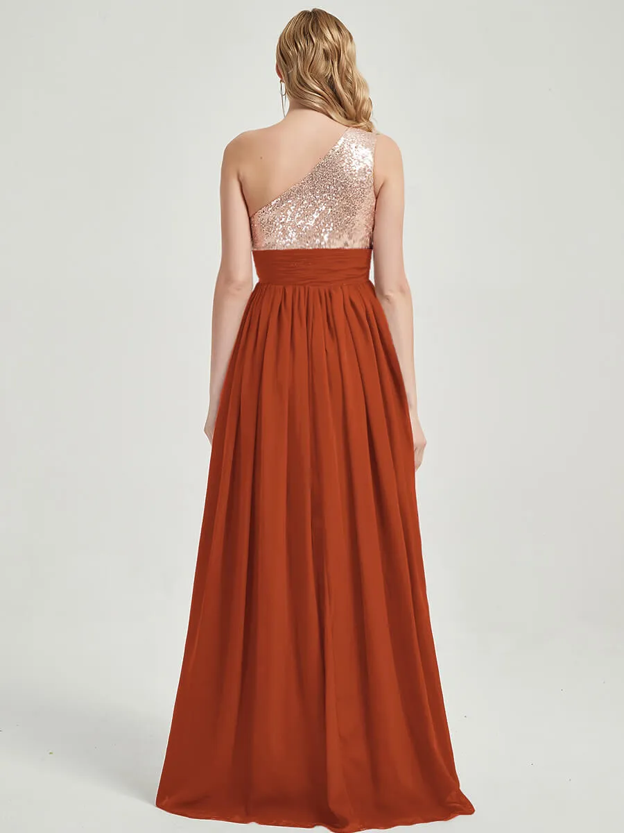 Burnt Orange One-Shoulder Sleeveless Chiffon Sequin Bridesmaid Dress