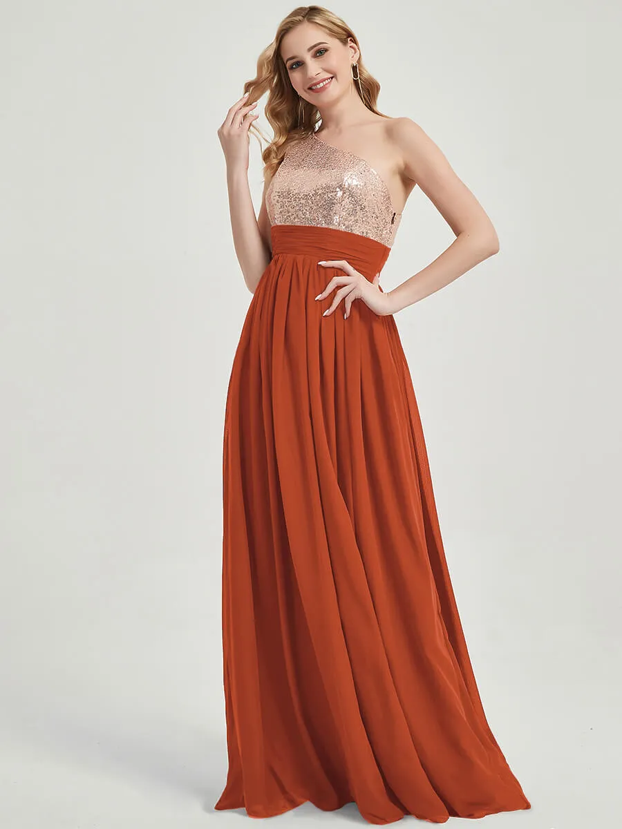 Burnt Orange One-Shoulder Sleeveless Chiffon Sequin Bridesmaid Dress