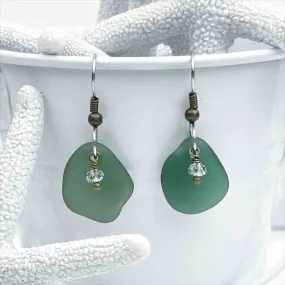 Champagne Bottle Green Sea Glass Earrings with Swarovski Crystal Beads | # 5062