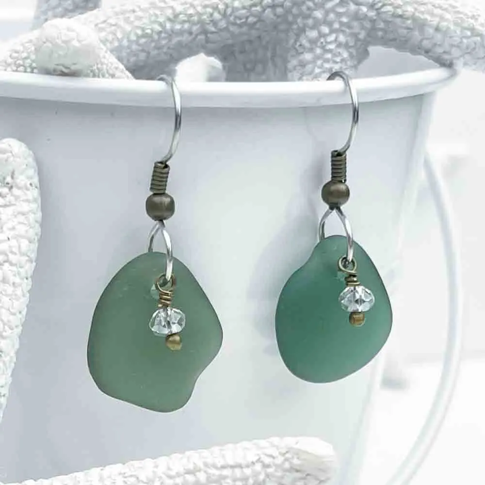 Champagne Bottle Green Sea Glass Earrings with Swarovski Crystal Beads | # 5062