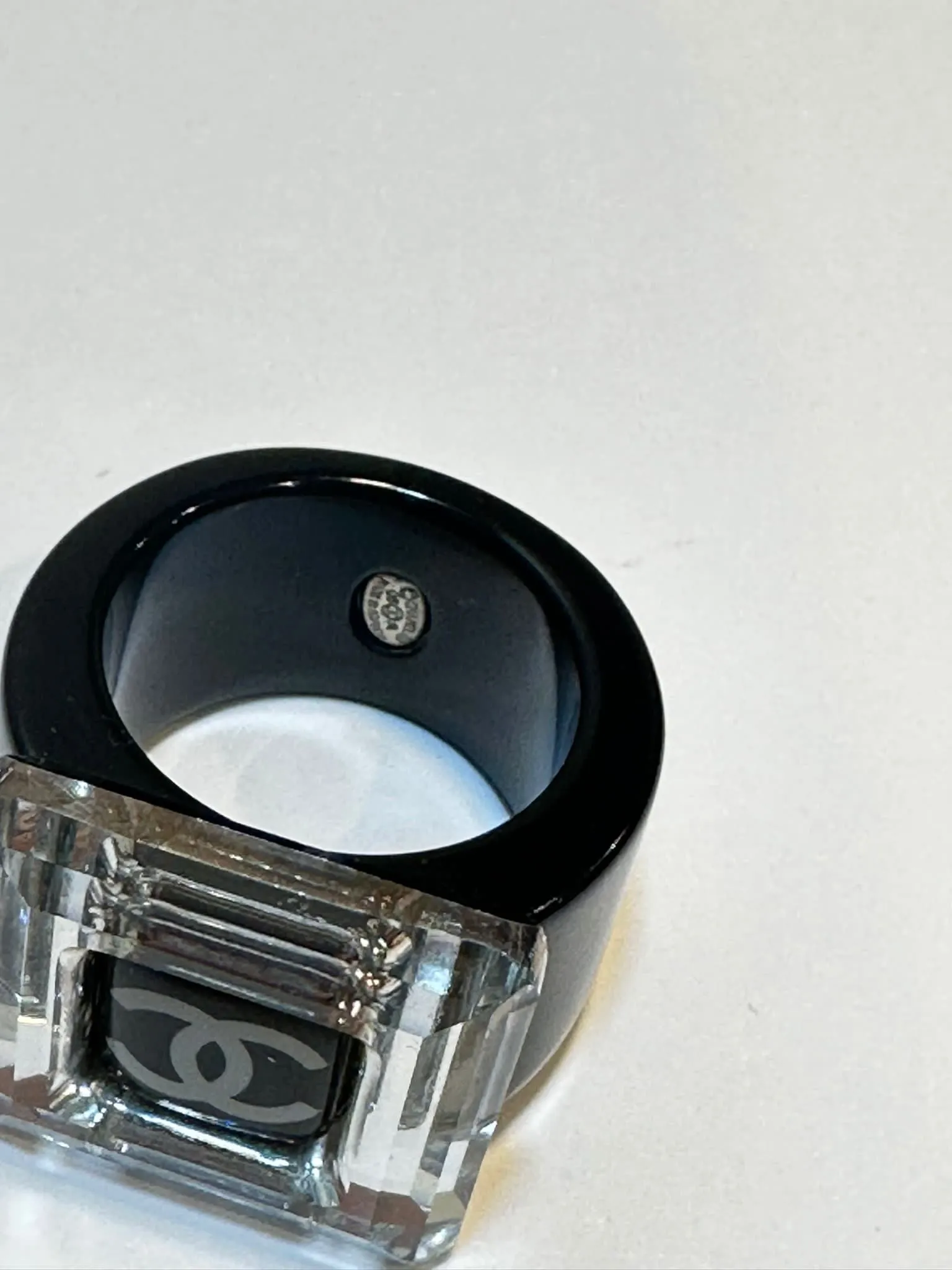 Chanel 08A Square Mirror CC Crystal Resin Black Cocktail Ring Size 6.5