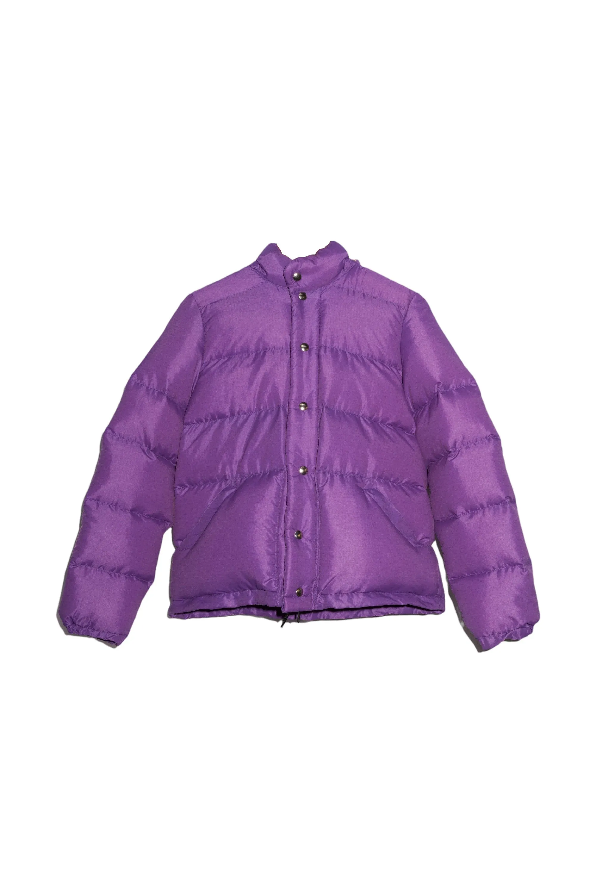 Crescent Down Works purple nylon down hooded puffer jacket