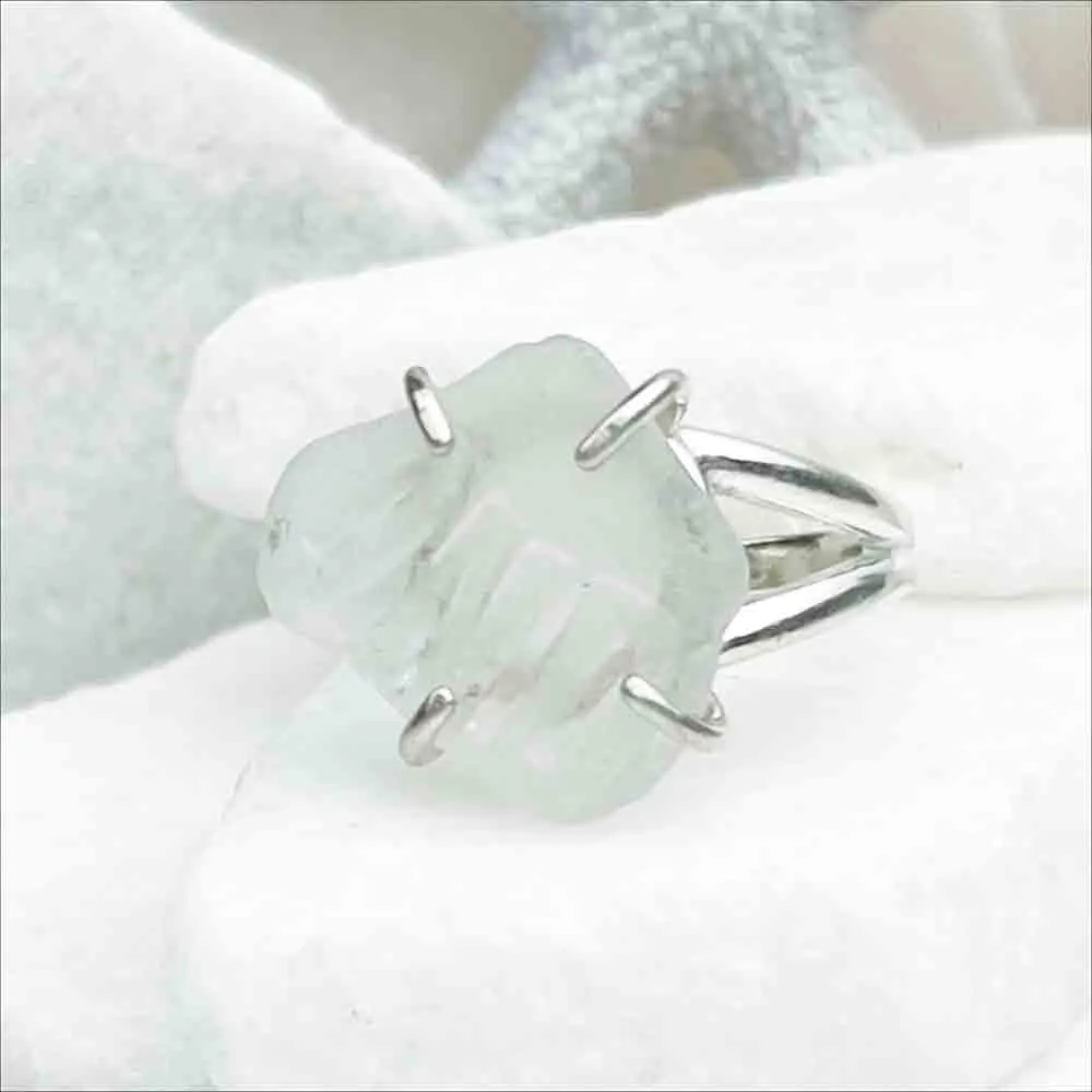 Crystal Clear Embossed Sea Glass Ring in Sterling Silver Size 8 | #1847