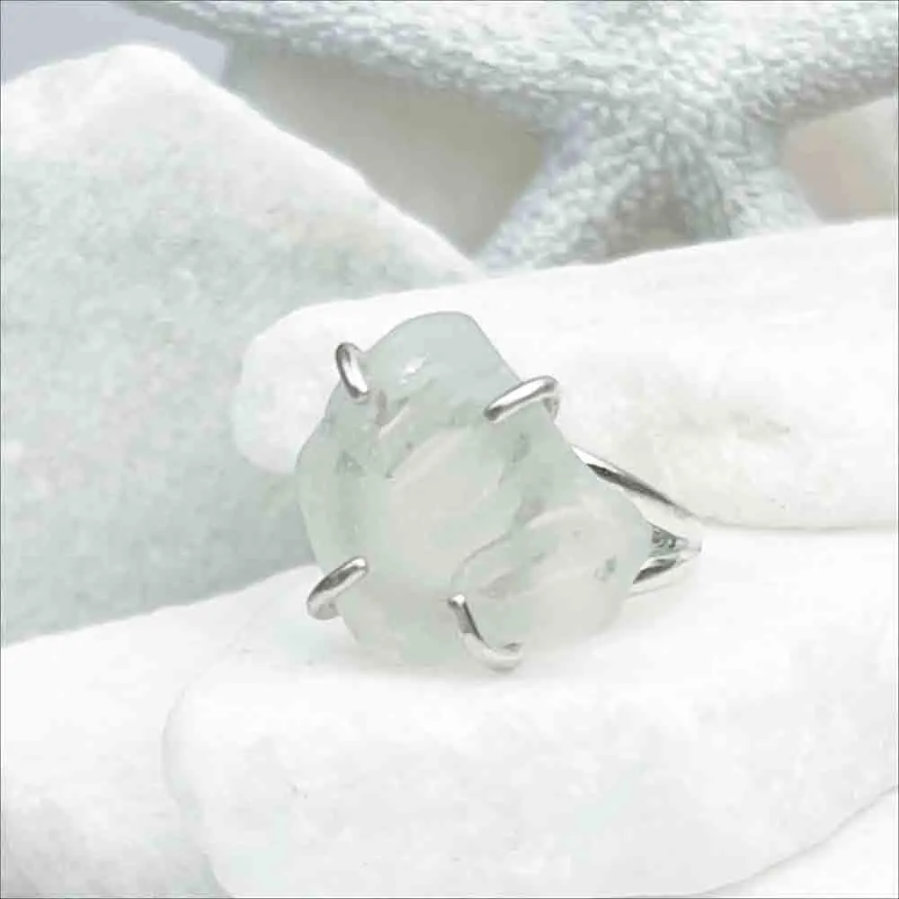 Crystal Clear Embossed Sea Glass Ring in Sterling Silver Size 8 | #1847