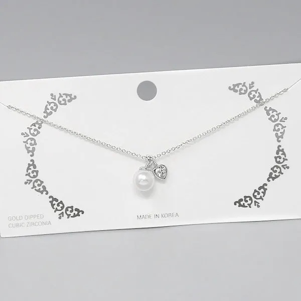 CZ Heart And Pearl Pendant Short Chain Necklace