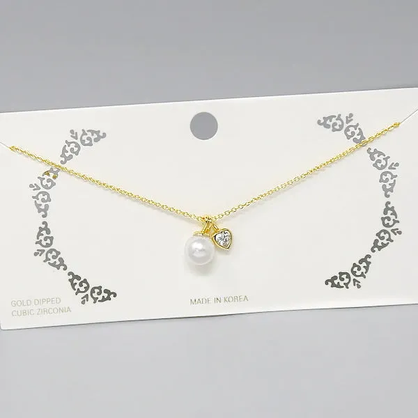 CZ Heart And Pearl Pendant Short Chain Necklace