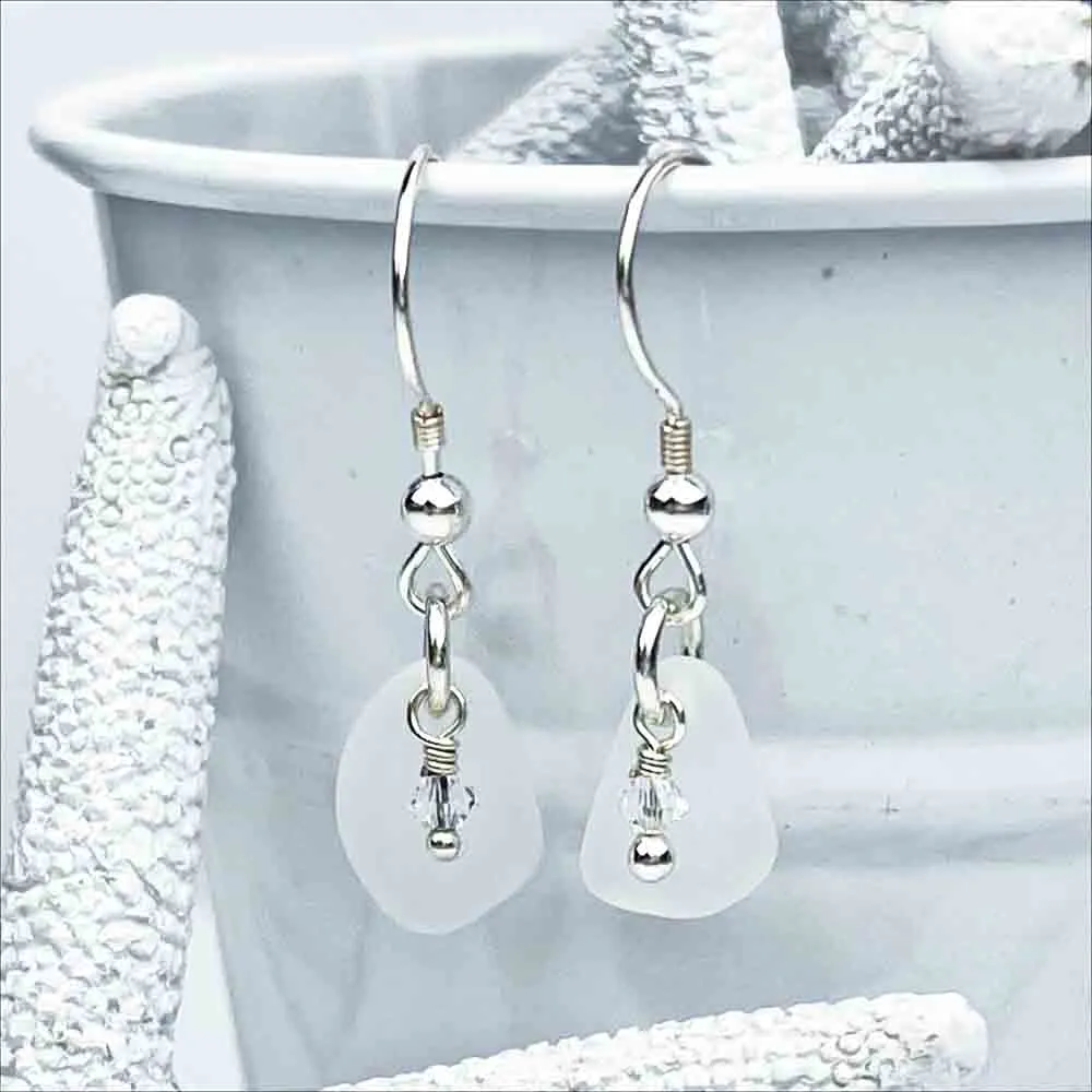 Dainty White Sea Glass Earrings with Swarovski Crystal Beads | # 1765