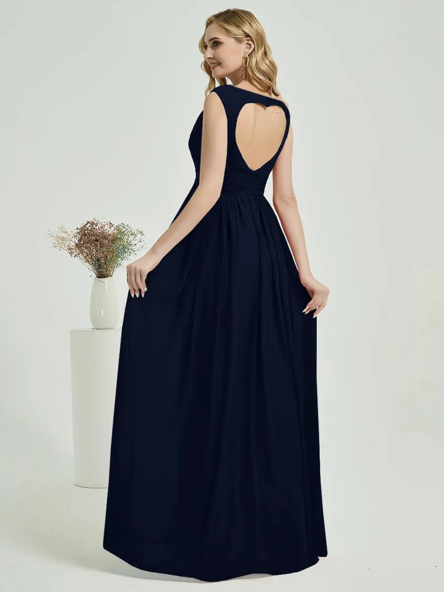 Dark Navy Sweetheart Backless Chiffon Floor-Length Bridesmaid Dress