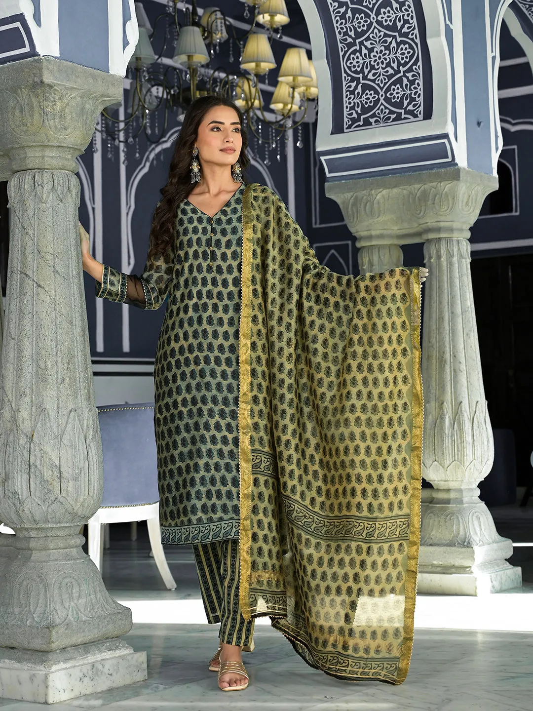 Divena Green Ethnic Printed Chanderi Silk Kurta Trouser with Dupatta Set