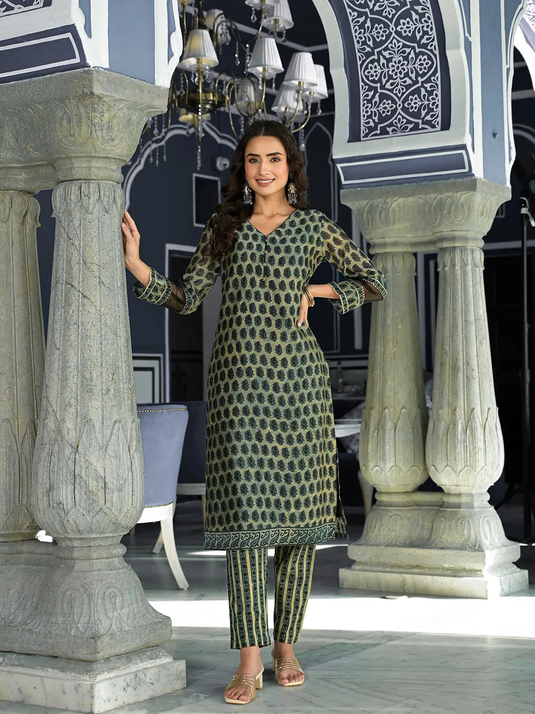 Divena Green Ethnic Printed Chanderi Silk Kurta Trouser with Dupatta Set