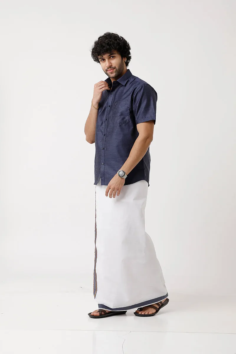 Divine - Berry Blue Matching Shirt and Dhoti Set For Men | Uathayam