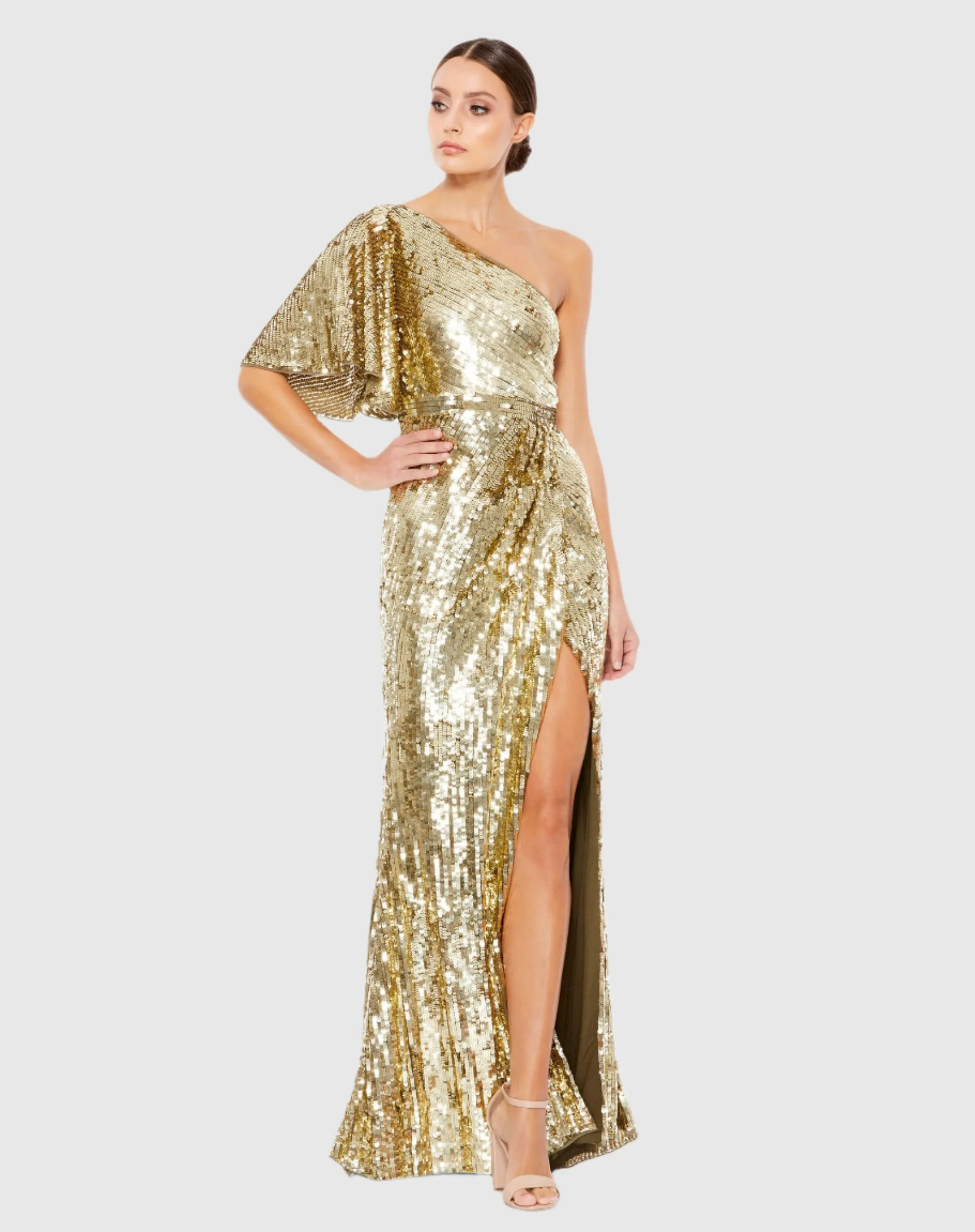 Embellished Cap Sleeve Cowl Neck Trumpet Gown