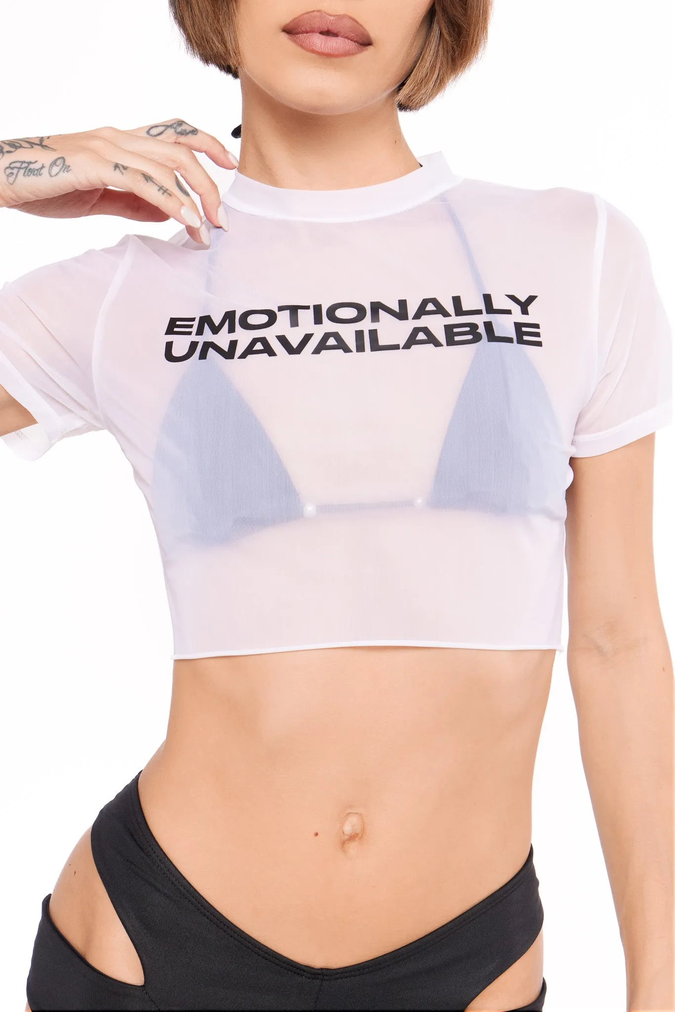 Emotionally Unavailable  Luminous Mesh Baby Tee - White