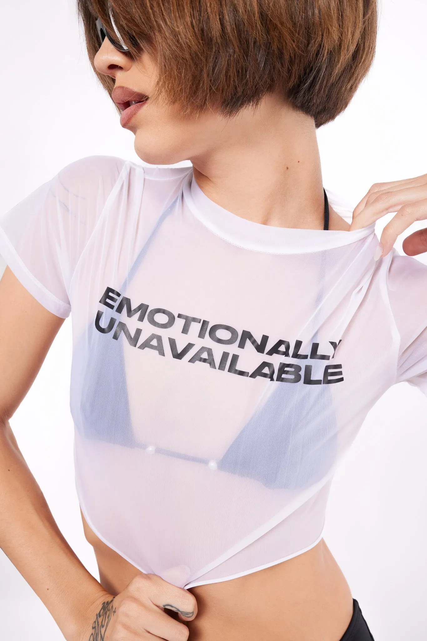 Emotionally Unavailable  Luminous Mesh Baby Tee - White