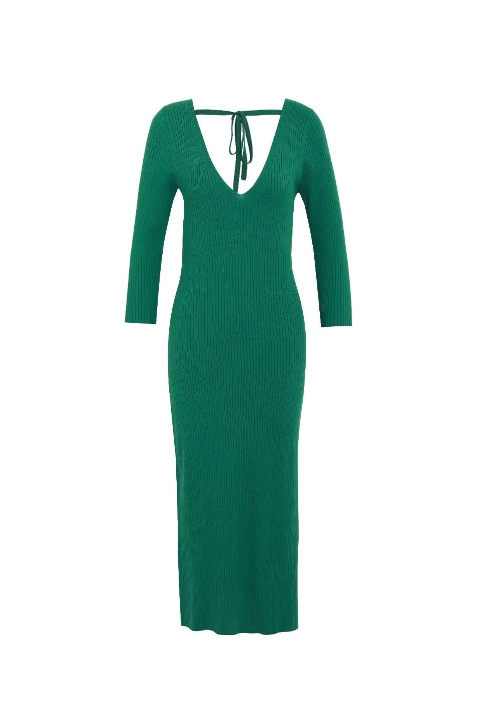 Equinox Kelly Green Half Sleeve V Neck Tie Back Rib Knit Midi Dress