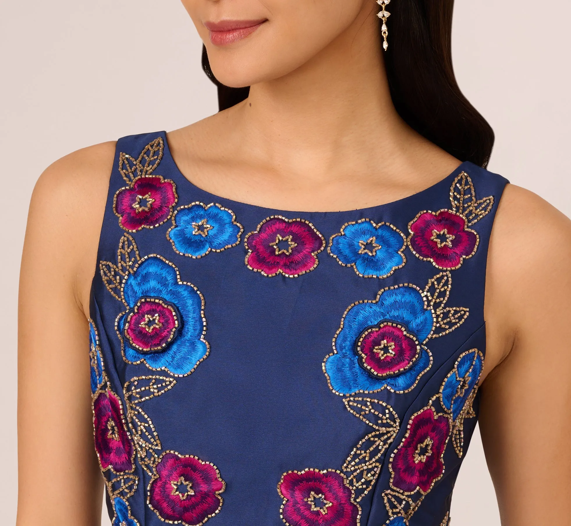 Floral Embroidered Mikado Midi Dress With Beaded Details In Light Navy