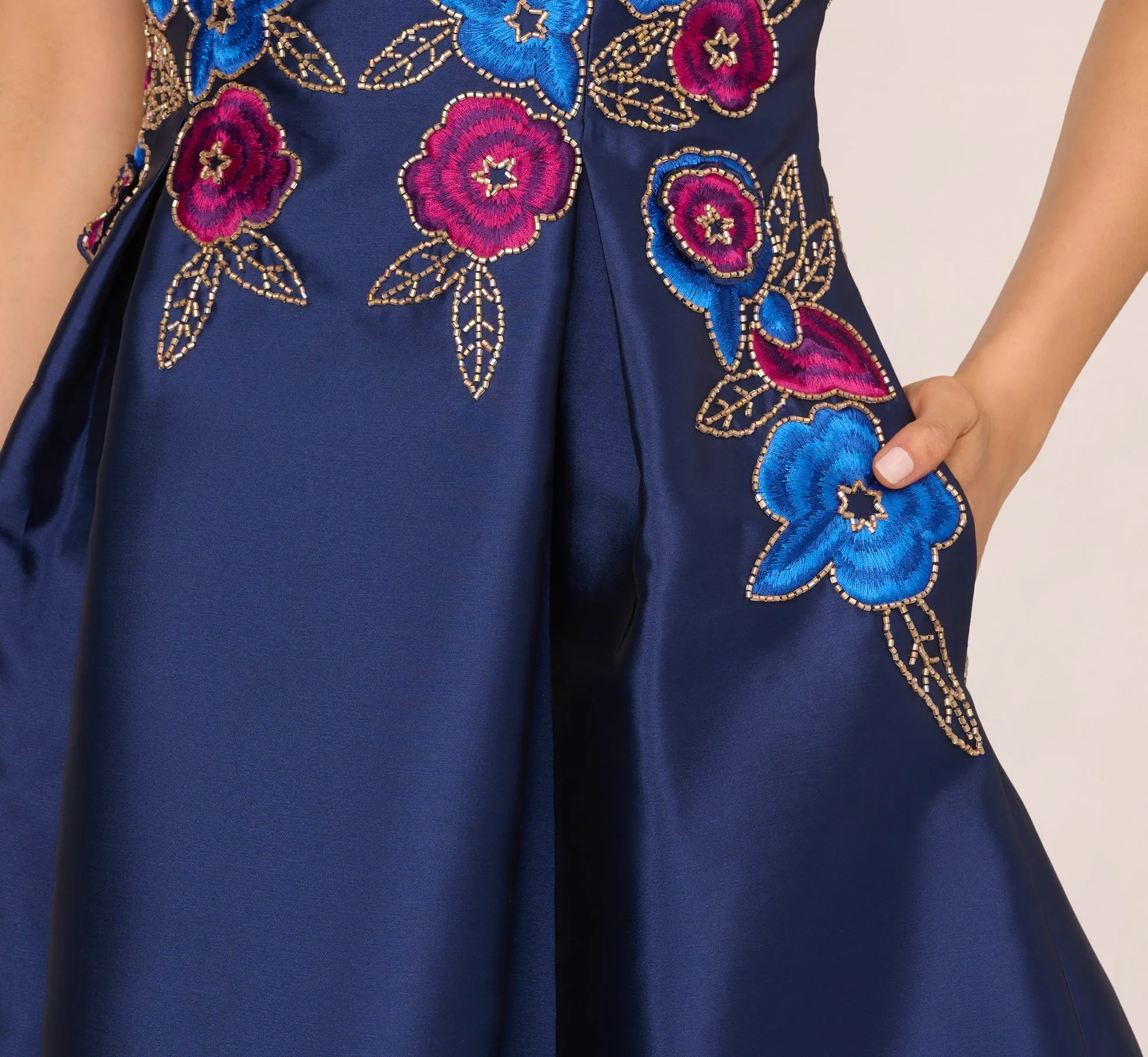 Floral Embroidered Mikado Midi Dress With Beaded Details In Light Navy