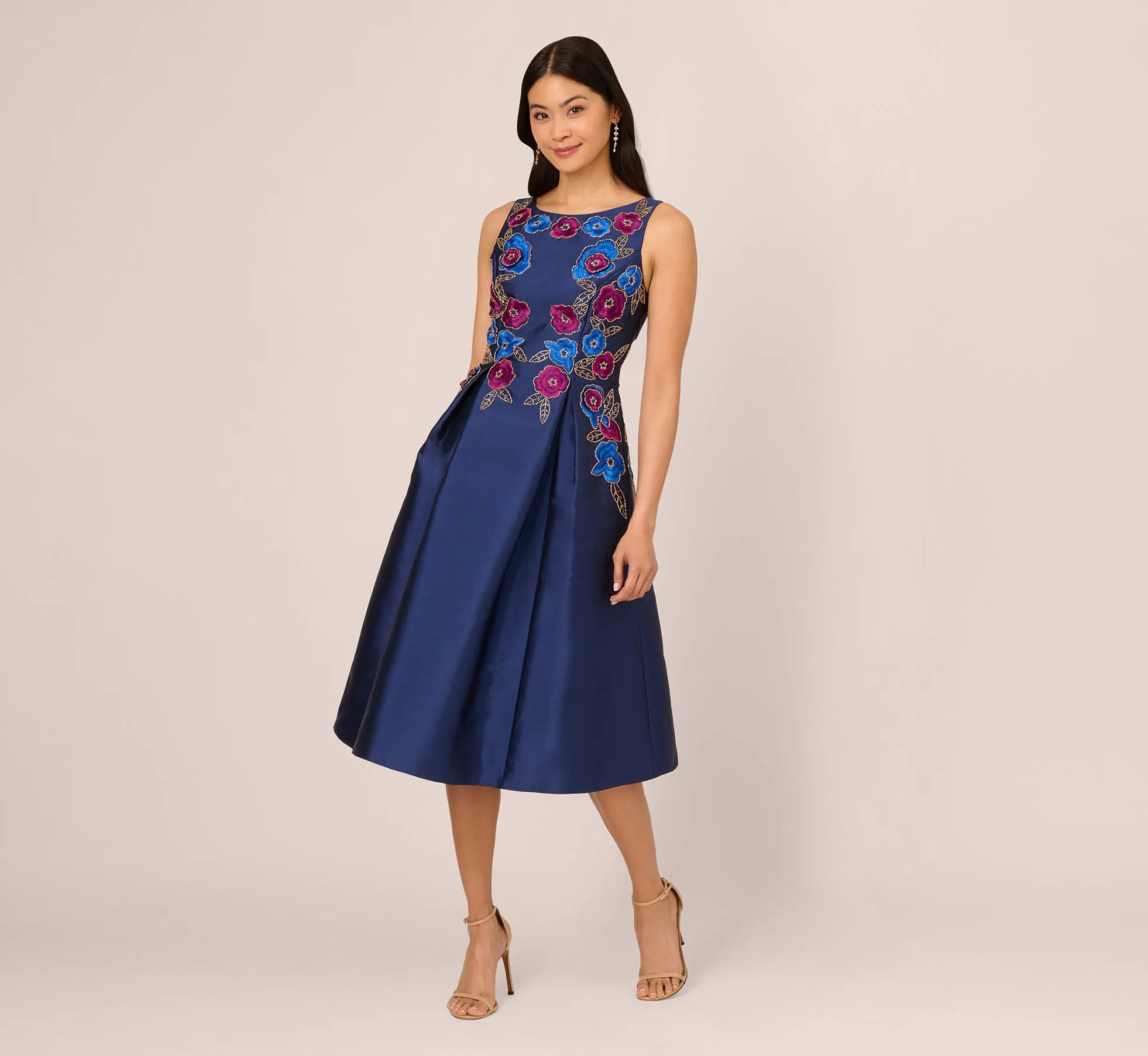 Floral Embroidered Mikado Midi Dress With Beaded Details In Light Navy