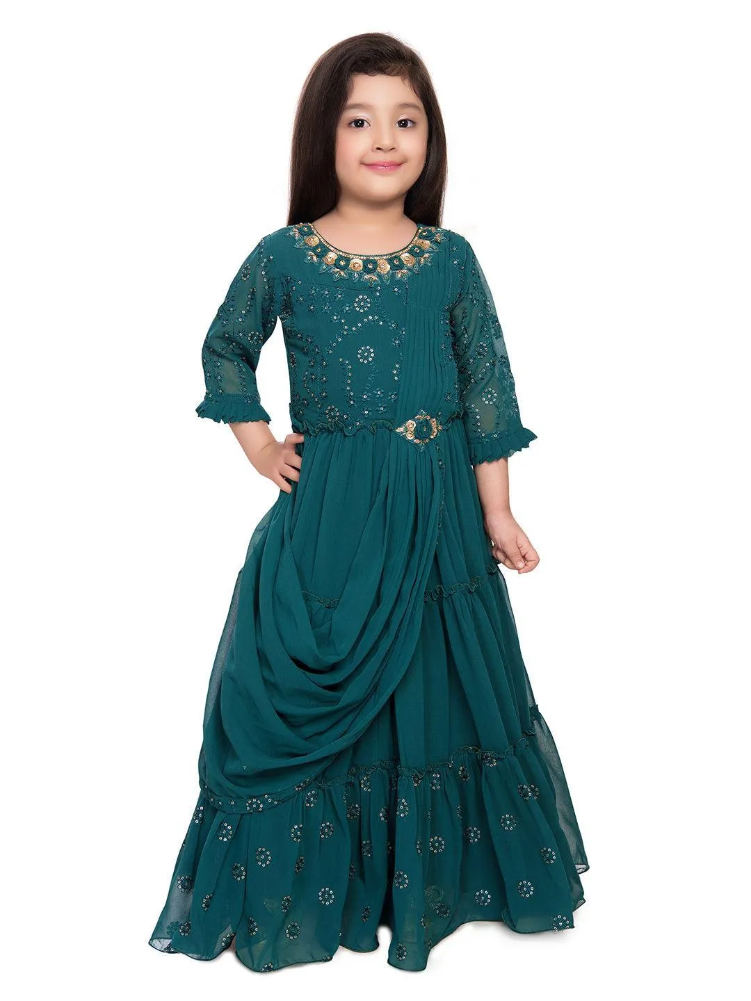 Full Sleeves Dupatta Styled Crystal Embellished Green Coloured Gown For Girls