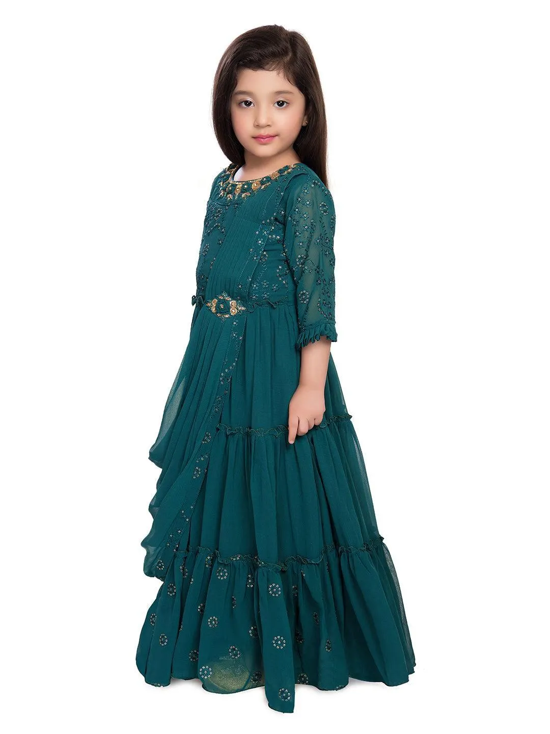 Full Sleeves Dupatta Styled Crystal Embellished Green Coloured Gown For Girls