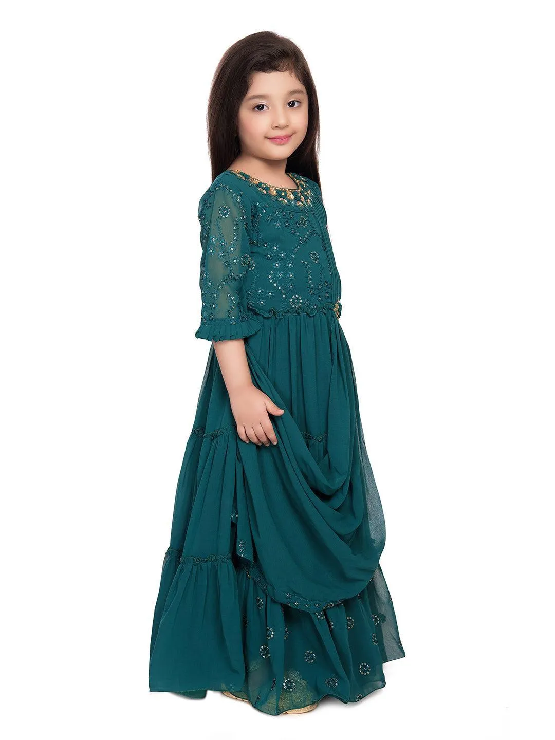 Full Sleeves Dupatta Styled Crystal Embellished Green Coloured Gown For Girls