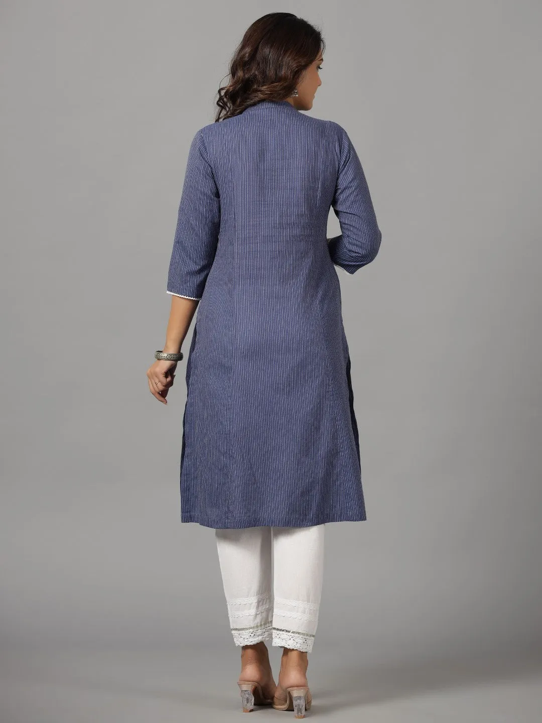 Juniper Navy Blue Stripped Cotton Dobby Kurta With Quarter-Sleeved Inner Layer