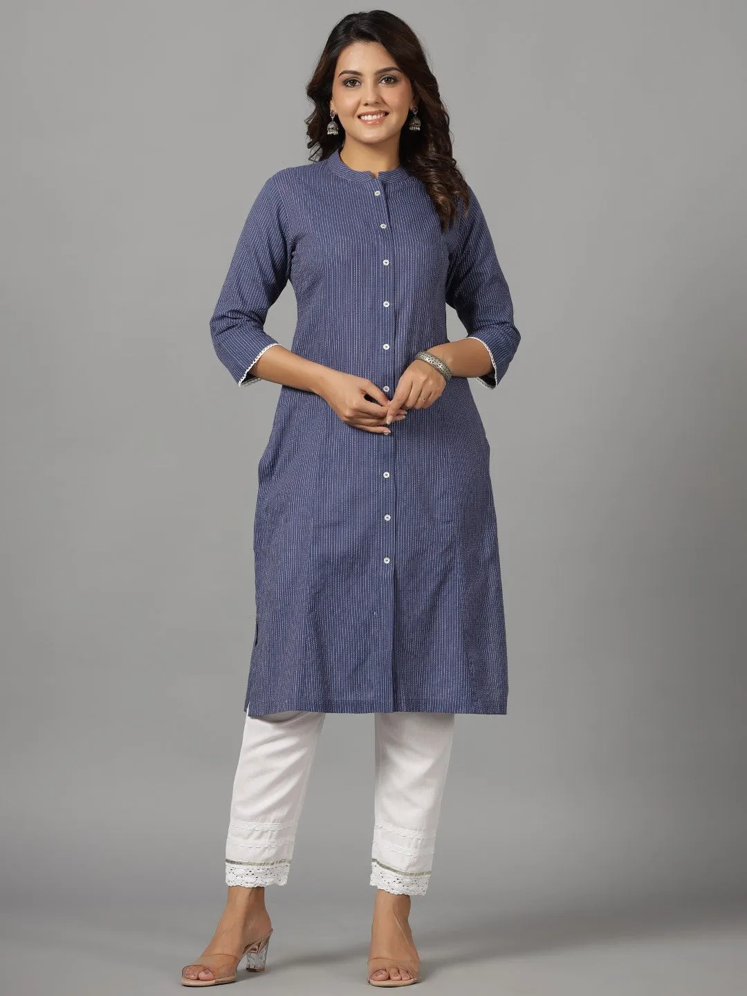 Juniper Navy Blue Stripped Cotton Dobby Kurta With Quarter-Sleeved Inner Layer