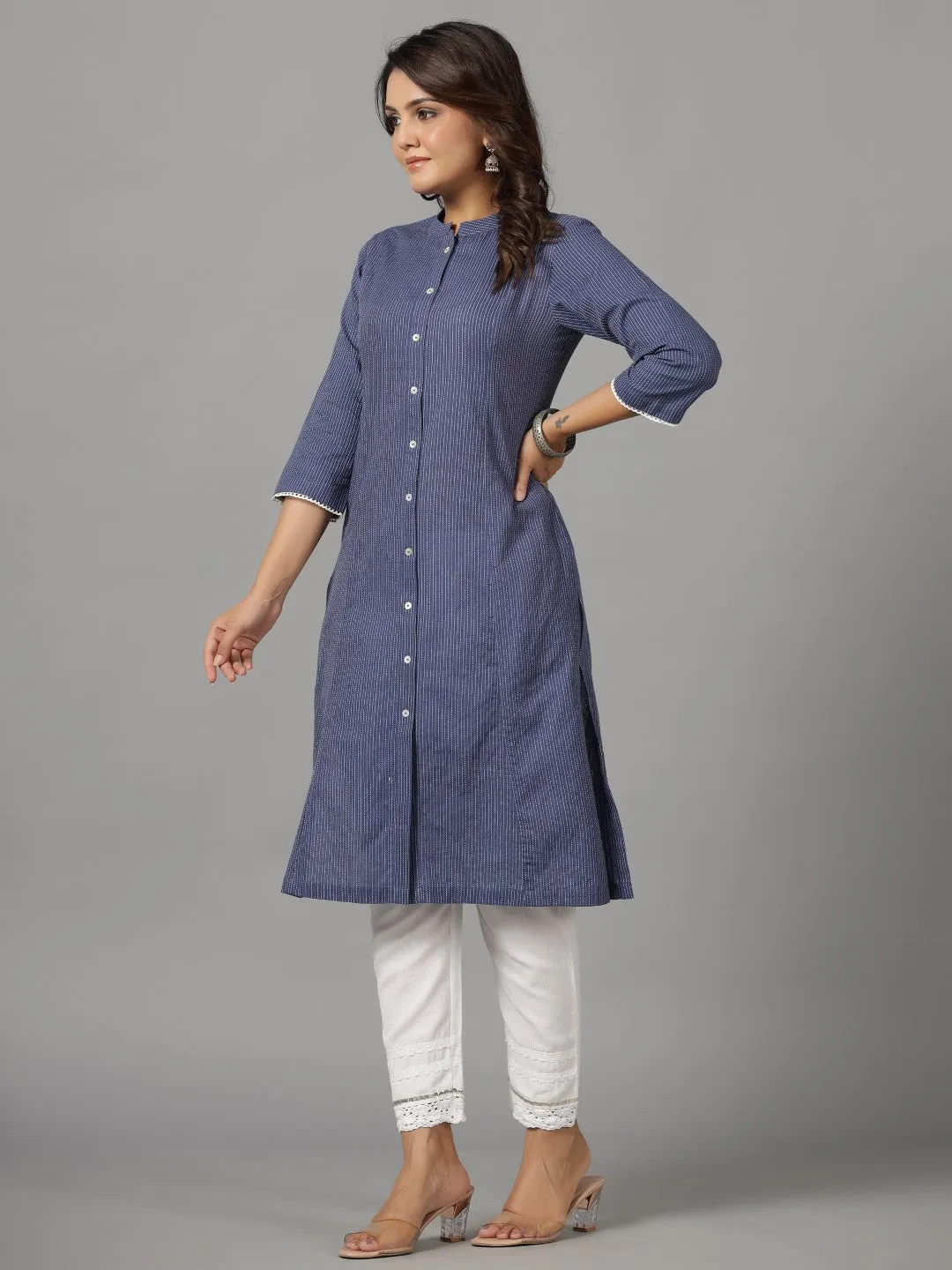 Juniper Navy Blue Stripped Cotton Dobby Kurta With Quarter-Sleeved Inner Layer