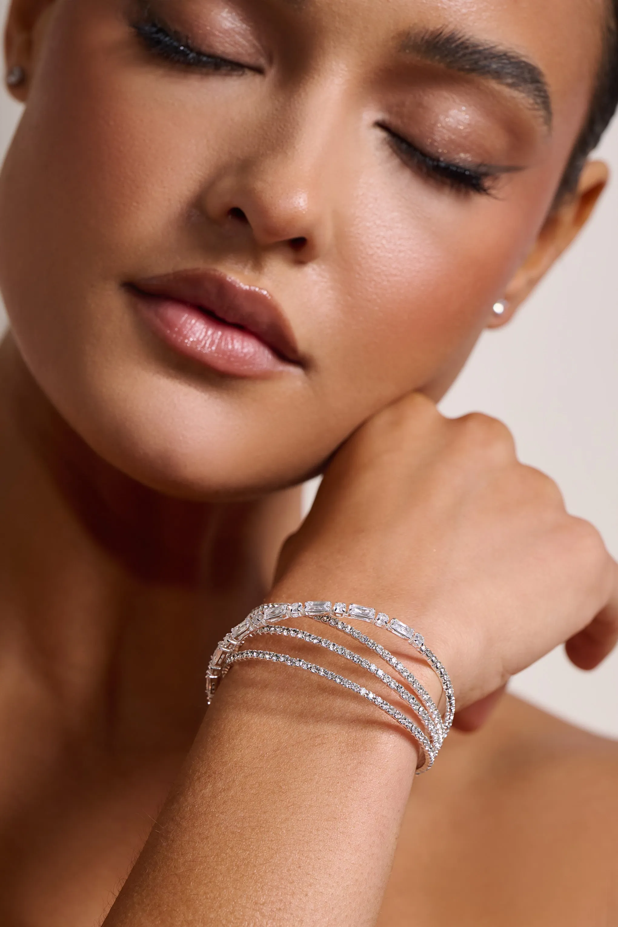 Libby | Silver Diamante Pendant Layered Cuff Bracelet