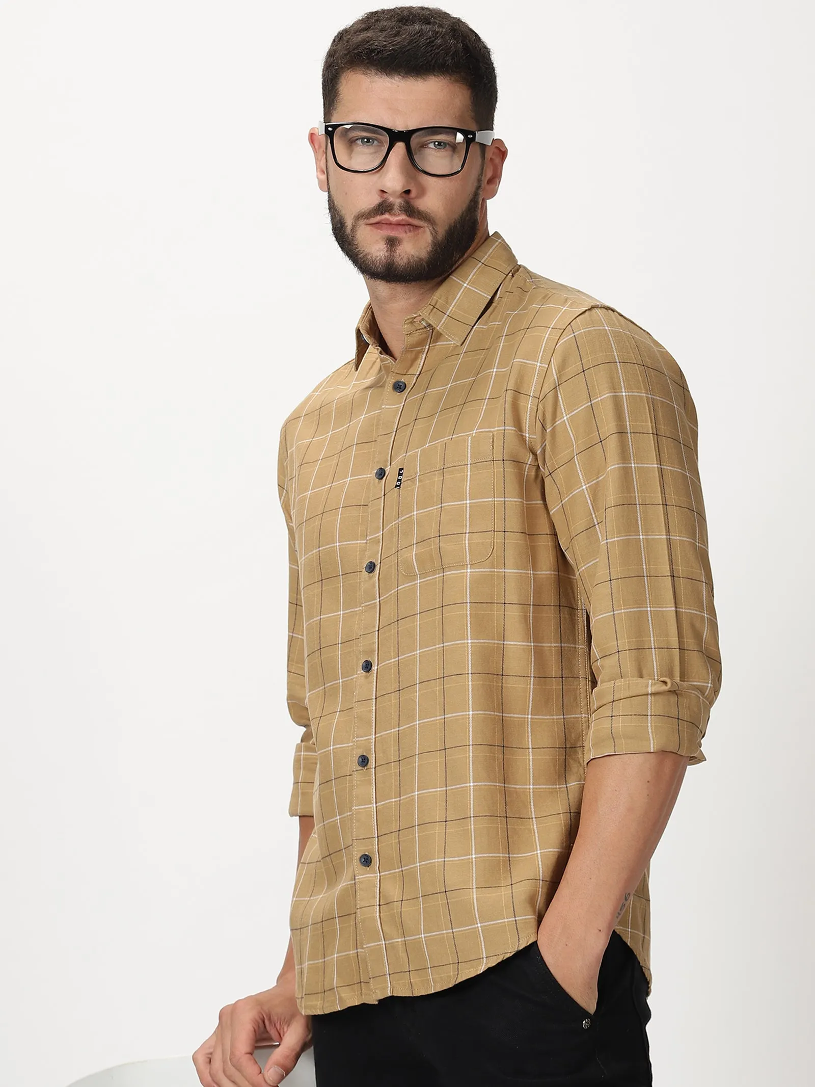 MEN'S BEIGE CHECKS SLIM FIT SHIRT