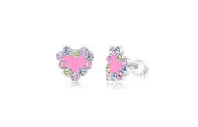 Pink Heart Multi Colored Crystal Palladium Plating Screwback Stud Girls Earring