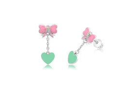 Pink Ribbon Green Heart Crystal Palladium Plating Screwback Stud Girls Earring