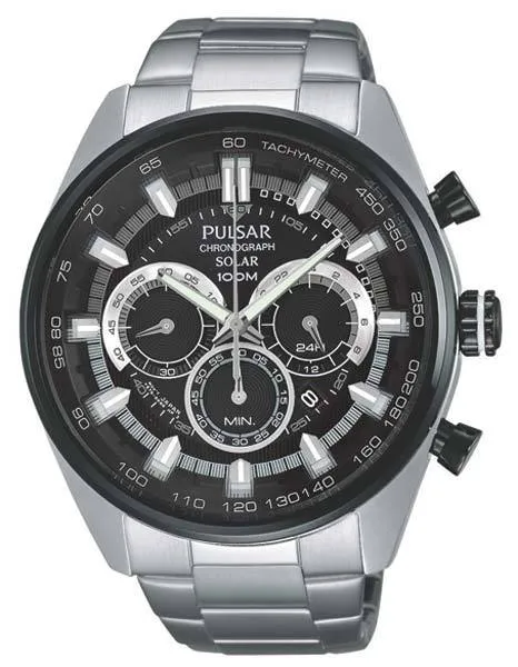 Pulsar Mens On the Go Solar Chronograph - Black Dial with Silver Accents - 100M