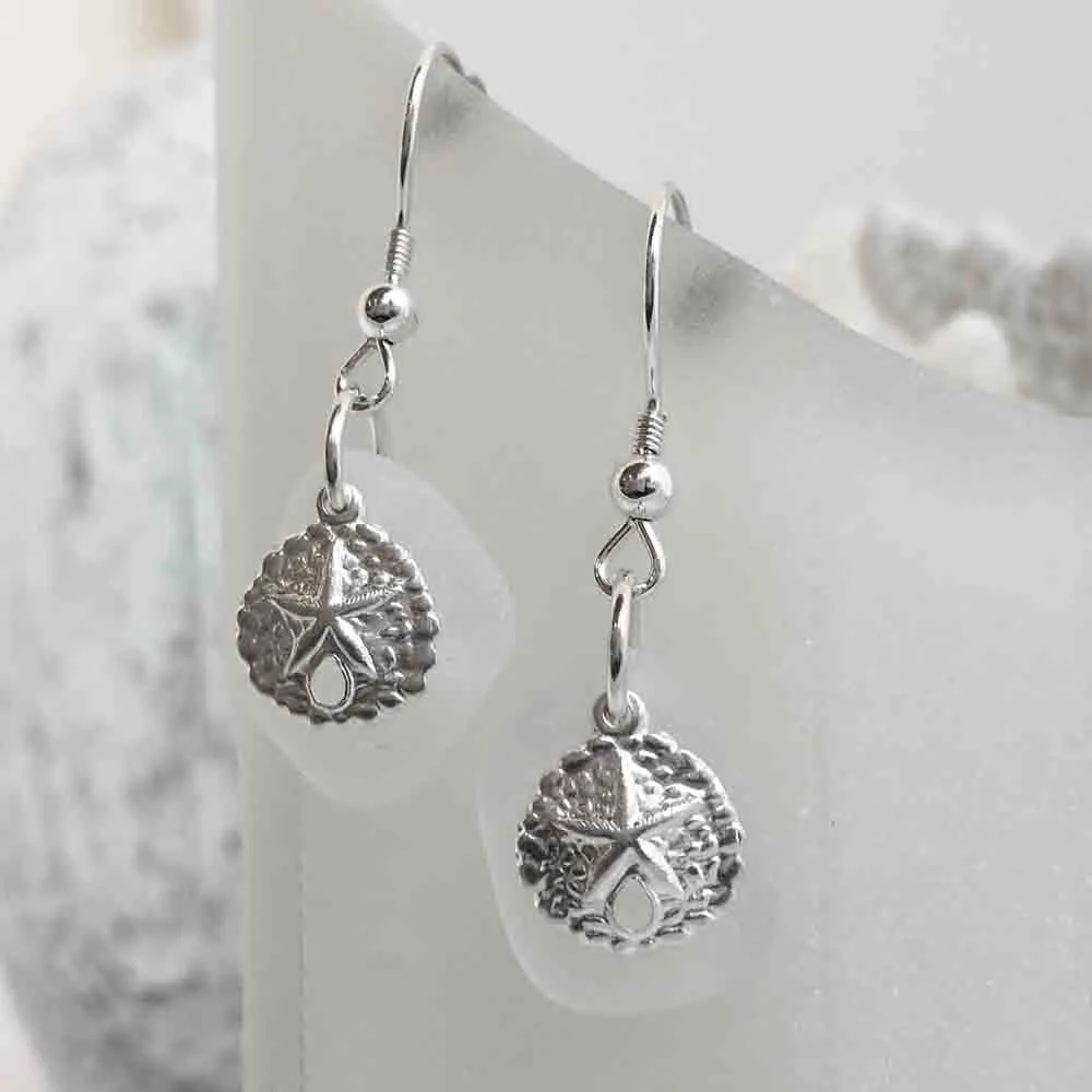 Pure Crystal Clear Sea Glass Earrings with Sterling Silver Sand Dollar Charms | #1636