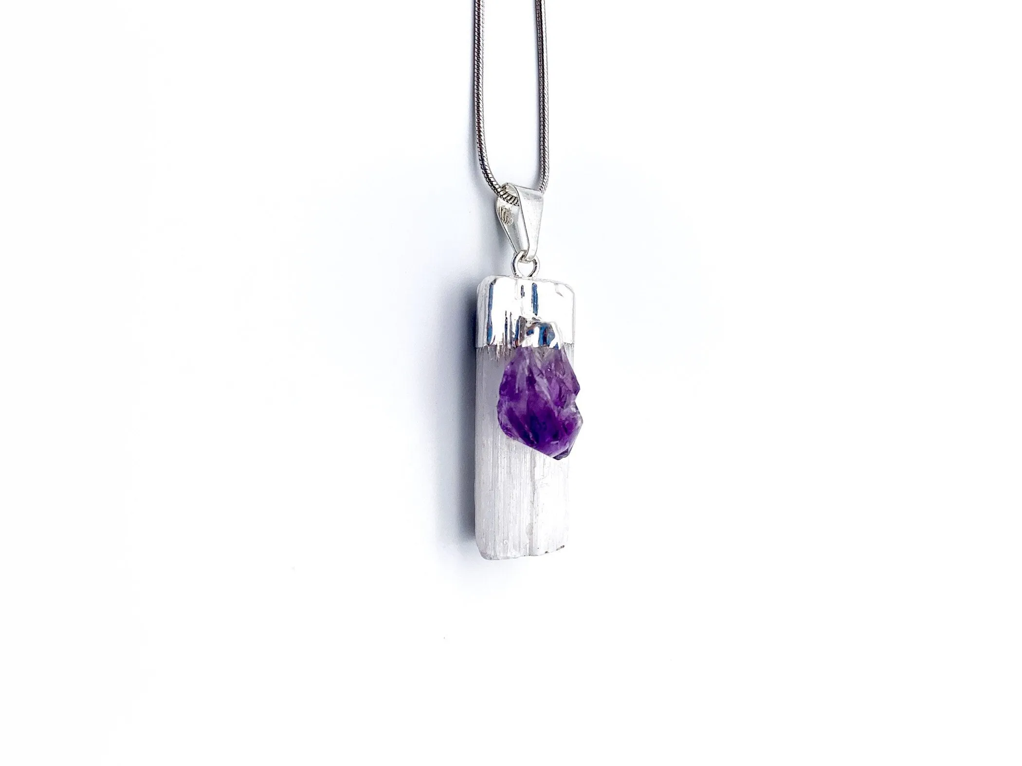 Selenite & Amethyst Silver Dipped Pendant Necklace