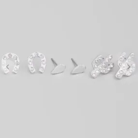 Silver Mini Horseshoe Cactus Stud Earrings Set