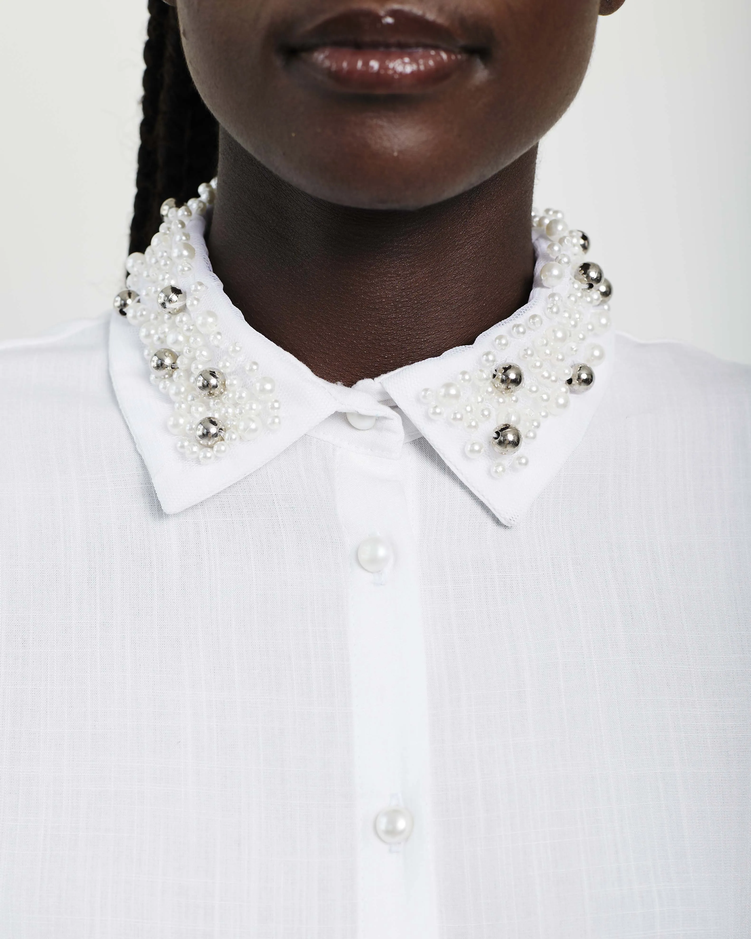 The Embellished Collar Woven Top in Milk