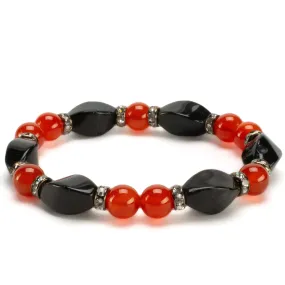 Twisted Black Agate & Round Carnelian Gemstone Bead Elastic Bracelet with Crystal Accent Beads